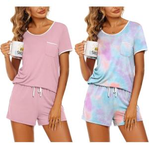 Ekouaer 2 Pack Womens Pajama Sets Lightweight Summer Pajamas Short Sleeve Pj Top with Shorts, Chest Pocket(Pink/Tie Dye)