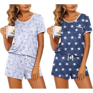 Ekouaer 2 Pack Womens Pajama Sets Lightweight Summer Pajamas Short Sleeve Pj Top with Shorts, Chest Pocket(White Butterfly/Blue Star)