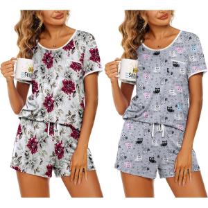 Ekouaer 2 Pack Womens Pajama Sets Lightweight Summer Pajamas Short Sleeve Pj Top with Shorts, Chest Pocket(Wine Red Flower/Grey Owl)
