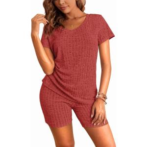 Ekouaer Biker Short Sets Women 2 Piece Outfits Ribbed Pajama Short Sleeve Workout Set(Dark Red)