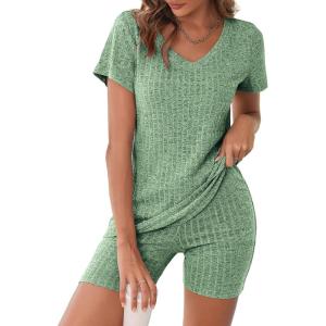 Ekouaer Biker Short Sets Women 2 Piece Outfits Ribbed Pajama Short Sleeve Workout Set(Green)