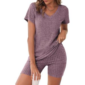 Ekouaer Biker Short Sets Women 2 Piece Outfits Ribbed Pajama Short Sleeve Workout Set(Purple)