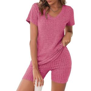 Ekouaer Biker Short Sets Women 2 Piece Outfits Ribbed Pajama Short Sleeve Workout Set(Rose Red)