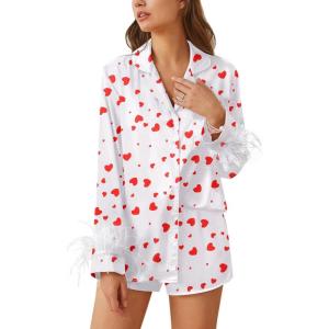 Ekouaer Bridal Feather Pajamas Set Silk Satin Valentine’s Pj Sets Wedding Pjs Sleepwear with Removable Feather Trim(Heart Print)