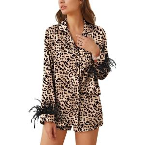 Ekouaer Bridal Feather Pajamas Set Silk Satin Valentine’s Pj Sets Wedding Pjs Sleepwear with Removable Feather Trim(Leopard Print)