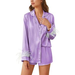 Ekouaer Bridal Feather Pajamas Set Silk Satin Valentine’s Pj Sets Wedding Pjs Sleepwear with Removable Feather Trim(Lilac Purple)