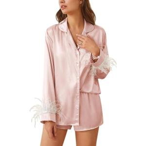 Ekouaer Bridal Feather Pajamas Set Silk Satin Valentine’s Pj Sets Wedding Pjs Sleepwear with Removable Feather Trim(Pink)