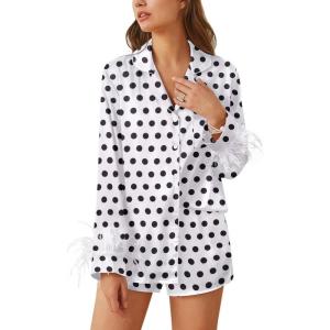 Ekouaer Bridal Feather Pajamas Set Silk Satin Valentine’s Pj Sets Wedding Pjs Sleepwear with Removable Feather Trim(White Black Polka Dot)