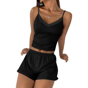 Ekouaer Cami Pajama Sets Y2K 2 Piece Lace Crop Top and Shorts Sexy Pjs Summer Lingerie Sleepwear Nightwear for Women(Black)