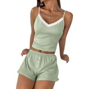 Ekouaer Cami Pajama Sets Y2K 2 Piece Lace Crop Top and Shorts Sexy Pjs Summer Lingerie Sleepwear Nightwear for Women(Green)