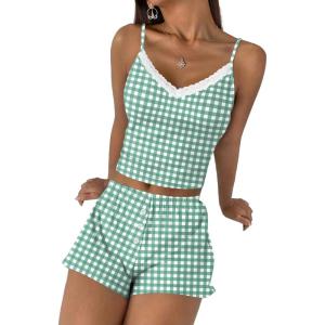 Ekouaer Cami Pajama Sets Y2K 2 Piece Lace Crop Top and Shorts Sexy Pjs Summer Lingerie Sleepwear Nightwear for Women(Green White Plaid)