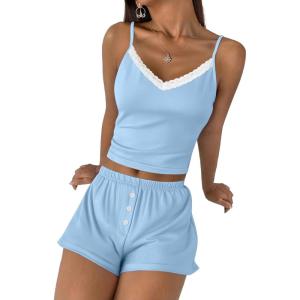 Ekouaer Cami Pajama Sets Y2K 2 Piece Lace Crop Top and Shorts Sexy Pjs Summer Lingerie Sleepwear Nightwear for Women(Light Blue)