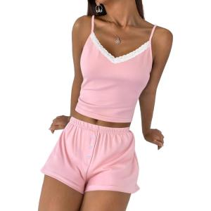 Ekouaer Cami Pajama Sets Y2K 2 Piece Lace Crop Top and Shorts Sexy Pjs Summer Lingerie Sleepwear Nightwear for Women(Light Rose)