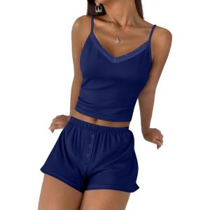 Ekouaer Cami Pajama Sets Y2K 2 Piece Lace Crop Top and Shorts Sexy Pjs Summer Lingerie Sleepwear Nightwear for Women(Navy Blue)