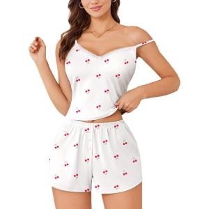 Ekouaer Cami Pajama Sets Y2K 2 Piece Lace Crop Top and Shorts Sexy Pjs Summer Lingerie Sleepwear Nightwear for Women(Red Cherry)