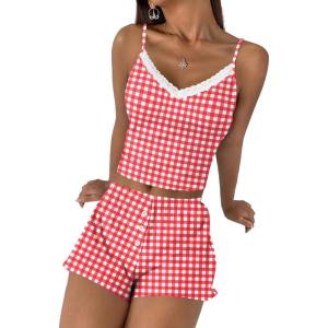 Ekouaer Cami Pajama Sets Y2K 2 Piece Lace Crop Top and Shorts Sexy Pjs Summer Lingerie Sleepwear Nightwear for Women(Red White Plaid)
