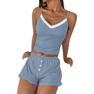 Ekouaer Cami Pajama Sets Y2K 2 Piece Lace Crop Top and Shorts Sexy Pjs Summer Lingerie Sleepwear Nightwear for Women(Stripe Blue White)
