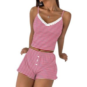 Ekouaer Cami Pajama Sets Y2K 2 Piece Lace Crop Top and Shorts Sexy Pjs Summer Lingerie Sleepwear Nightwear for Women(Stripe Rose Red)