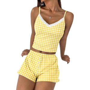 Ekouaer Cami Pajama Sets Y2K 2 Piece Lace Crop Top and Shorts Sexy Pjs Summer Lingerie Sleepwear Nightwear for Women(Yellow White Plaid)