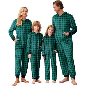 Ekouaer Christmas Onesie Matching Family Fleece Hooded One Piece Zipper Long Sleeve Pajamas with Pockets S-XXL Green Plaid XXL