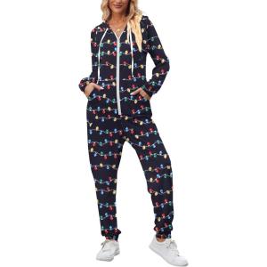 Ekouaer Christmas Onesies for Women Zipper Hooded Onesie Pajamas Adult Soft One Piece Pajama with Pockets(Christmas Light)
