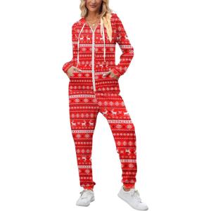 Ekouaer Christmas Onesies for Women Zipper Hooded Onesie Pajamas Adult Soft One Piece Pajama with Pockets(Elk)