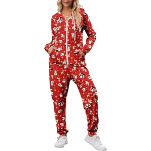 Ekouaer Christmas Onesies for Women Zipper Hooded Onesie Pajamas Adult Soft One Piece Pajama with Pockets(Red Santa Snowman Pattern)