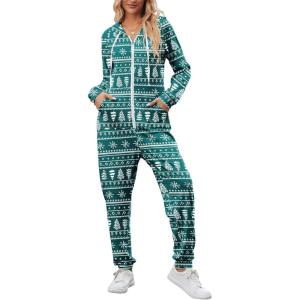 Ekouaer Christmas Onesies for Women Zipper Hooded Onesie Pajamas Adult Soft One Piece Pajama with Pockets(Snowflake)