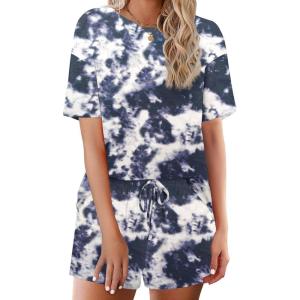 Ekouaer Cotton Pajamas Set for Womens Soft Short Sleeve Lounge Set Shorts Sleepwear Set 2 Piece Pjs Sets(Black Tie Dye)