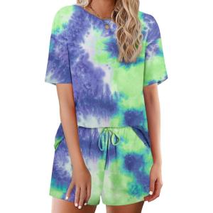 Ekouaer Cotton Pajamas Set for Womens Soft Short Sleeve Lounge Set Shorts Sleepwear Set 2 Piece Pjs Sets(Blue Tie Dye)