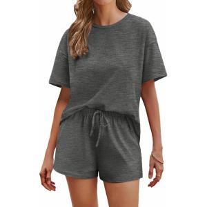 Ekouaer Cotton Pajamas Set for Womens Soft Short Sleeve Lounge Set Shorts Sleepwear Set 2 Piece Pjs Sets(Dark Grey)