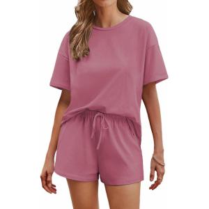 Ekouaer Cotton Pajamas Set for Womens Soft Short Sleeve Lounge Set Shorts Sleepwear Set 2 Piece Pjs Sets(Dark Pink)