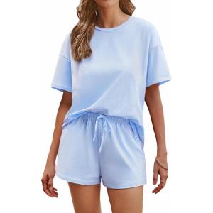 Ekouaer Cotton Pajamas Set for Womens Soft Short Sleeve Lounge Set Shorts Sleepwear Set 2 Piece Pjs Sets(Light Blue)