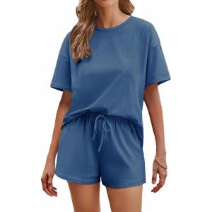 Ekouaer Cotton Pajamas Set for Womens Soft Short Sleeve Lounge Set Shorts Sleepwear Set 2 Piece Pjs Sets(Navy Blue)