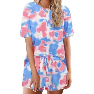 Ekouaer Cotton Pajamas Set for Womens Soft Short Sleeve Lounge Set Shorts Sleepwear Set 2 Piece Pjs Sets(Pink Tie Dye)