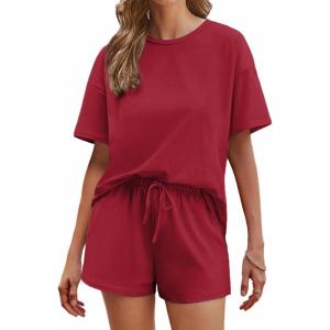 Ekouaer Cotton Pajamas Set for Womens Soft Short Sleeve Lounge Set Shorts Sleepwear Set 2 Piece Pjs Sets(Red)