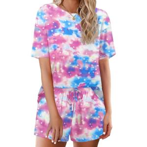 Ekouaer Cotton Pajamas Set for Womens Soft Short Sleeve Lounge Set Shorts Sleepwear Set 2 Piece Pjs Sets(Star Tie Dye)