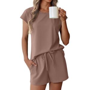Ekouaer Cotton Pajamas for Women Set 2 Piece Cap Sleeve Pjs Shorts Set Lounge Sets Sleepwear S-XXL(Brown)
