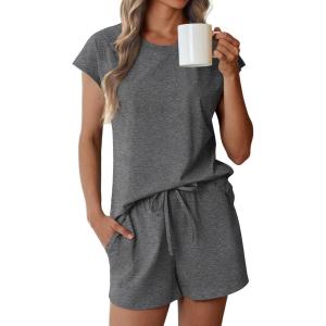 Ekouaer Cotton Pajamas for Women Set 2 Piece Cap Sleeve Pjs Shorts Set Lounge Sets Sleepwear S-XXL(Grey)