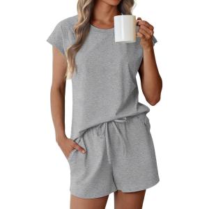 Ekouaer Cotton Pajamas for Women Set 2 Piece Cap Sleeve Pjs Shorts Set Lounge Sets Sleepwear S-XXL(Lght Grey)