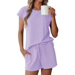 Ekouaer Cotton Pajamas for Women Set 2 Piece Cap Sleeve Pjs Shorts Set Lounge Sets Sleepwear S-XXL(Light Purple)