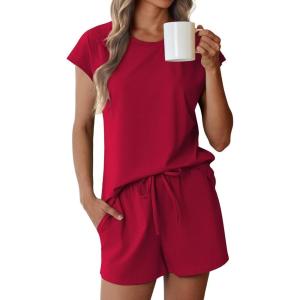 Ekouaer Cotton Pajamas for Women Set 2 Piece Cap Sleeve Pjs Shorts Set Lounge Sets Sleepwear S-XXL(Wine Red)