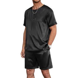 Ekouaer Men Silk Pajamas Set 2 Piece Pjs Soft Satin Sleepwear Shorts Button Down Tops Loungewear with Pockets(Black)