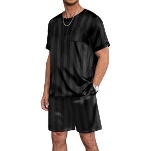 Ekouaer Men Silk Pajamas Set 2 Piece Pjs Soft Satin Sleepwear Shorts Button Down Tops Loungewear with Pockets(Black Stripe)