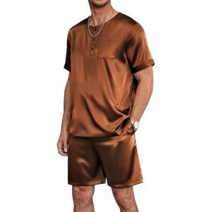 Ekouaer Men Silk Pajamas Set 2 Piece Pjs Soft Satin Sleepwear Shorts Button Down Tops Loungewear with Pockets(Brown)