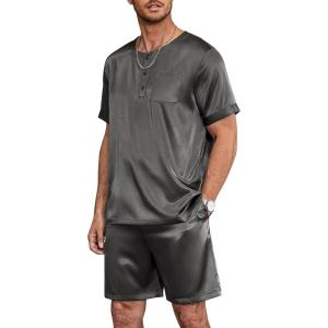 Ekouaer Men Silk Pajamas Set 2 Piece Pjs Soft Satin Sleepwear Shorts Button Down Tops Loungewear with Pockets(Dark Gray)