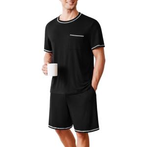 Ekouaer Men’s Pajamas Set Casual Short Sleeve Shirts and Shorts Soft 2 Piece Loungewear With Pockets(Black)