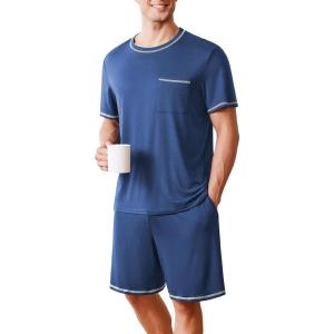 Ekouaer Men’s Pajamas Set Casual Short Sleeve Shirts and Shorts Soft 2 Piece Loungewear With Pockets(Blue)