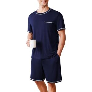 Ekouaer Men’s Pajamas Set Casual Short Sleeve Shirts and Shorts Soft 2 Piece Loungewear With Pockets(Navy Blue)