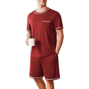 Ekouaer Men’s Pajamas Set Casual Short Sleeve Shirts and Shorts Soft 2 Piece Loungewear With Pockets(Wine Red)